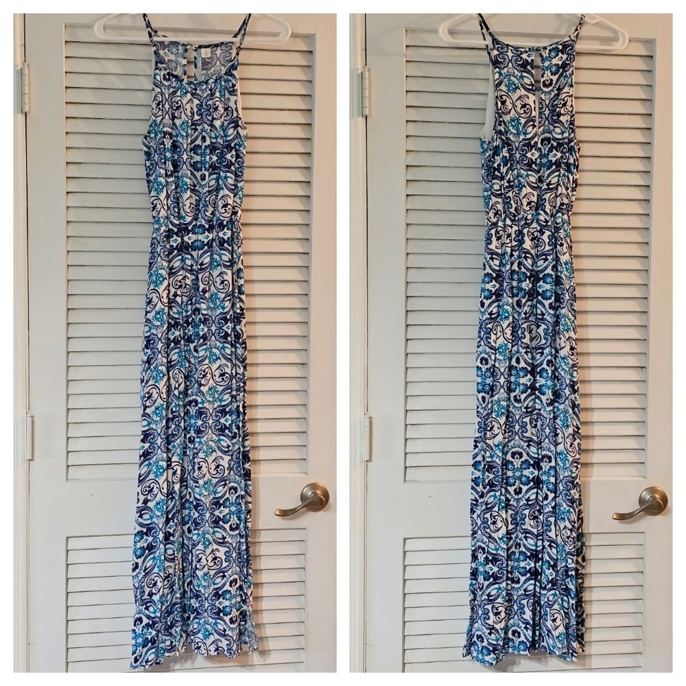 Blue & White Racerback Maxi Dress